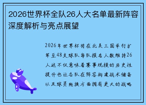 2026世界杯全队26人大名单最新阵容深度解析与亮点展望