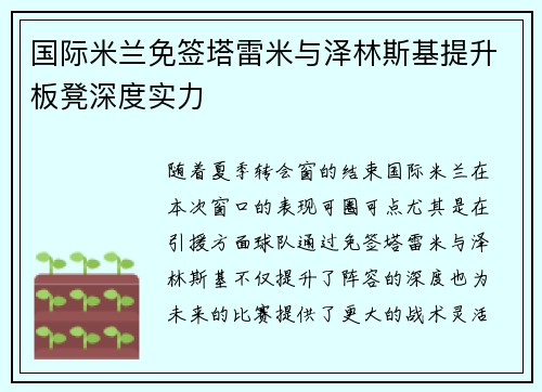 国际米兰免签塔雷米与泽林斯基提升板凳深度实力