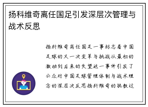 扬科维奇离任国足引发深层次管理与战术反思